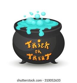 Witch cauldron with blue potion. Trick or treat typography. Typography design on cauldron. Halloween cauldron.EPS10 vector.