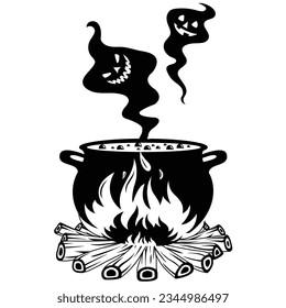 Witch cauldron of boiling liquid,  Halloween pot magic cauldron, Witch cooking Halloween candy, Boiling icon vector , 
