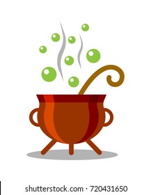 Witch cauldron with boiling magic potion with bubbles. Halloween bucket concept in cartoon style isolated on white background. Vector illustration