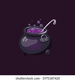 Witch cauldron with boiling poison potion from fantasy mushrooms. Magical iron pot with purple magic brew and ladle. Flat cartoon vector illustration on black