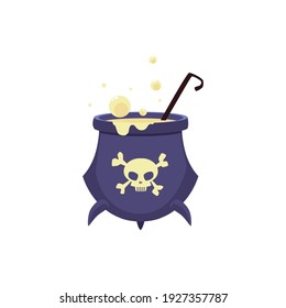 Witch cauldron with boiling potion and cartoon skull - evil magic poison brewing in purple pot isolated on white background. Vector illustration of Halloween item.