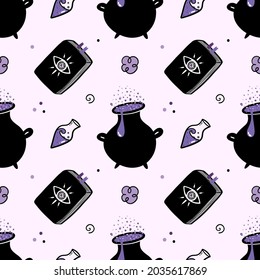 Witch cauldron with boiling potion, flasks and magic books vector doodle style seamless pattern background for esoteric, witchcraft design.