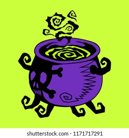 Witch cauldron with boiling potion, hand drawn Halloween celebration greeting card design element symbol. Holiday vector illustration.