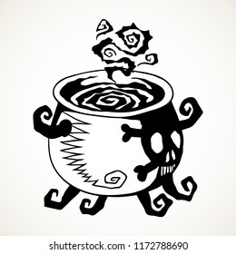 Witch cauldron with boiling potion. Hand drawn Halloween celebration design element symbol. Vector illustration in black isolated over white.