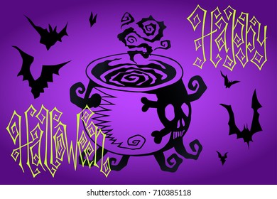 Witch cauldron with boiling potion hand drawn Halloween celebration purple greeting card. Holiday lettering vector illustration.