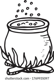 witch cauldron with boiling potion on a bonfire hand drawn in doodle style. vector, scandinavian, monochrome. single element for design card, sticker halloween decor