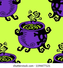 Witch cauldron with boiling potion. Vector Halloween seamless pattern. Design background for party poster. Hand drawn cartoon illustration. Objects isolated over acid green.