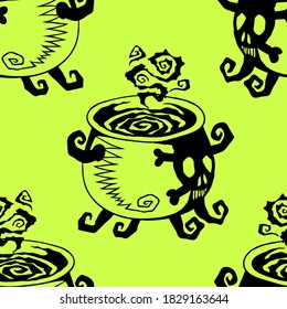 Witch cauldron with boiling potion, vector Halloween seamless pattern. Design background for party poster. Hand drawn cartoon illustration in black over acid green.