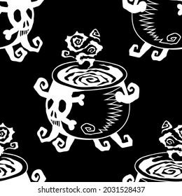 Witch cauldron with boiling potion, vector Halloween seamless pattern in black and white. Design background for party poster. Hand drawn cartoon illustration.