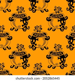 Witch cauldron with boiling potion, vector Halloween seamless pattern. Design background for party poster. Hand drawn cartoon illustration in black over orange.