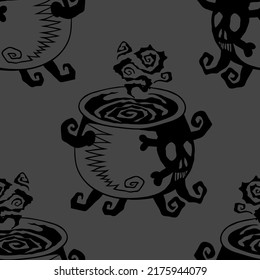 Witch cauldron with boiling potion, vector Halloween seamless pattern. Design background for party poster. Hand drawn cartoon illustration in black over dark grey.