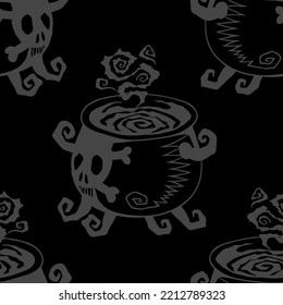 Witch cauldron with boiling potion, vector Halloween seamless pattern. Design background for party poster. Hand drawn cartoon illustration in dark grey over black.