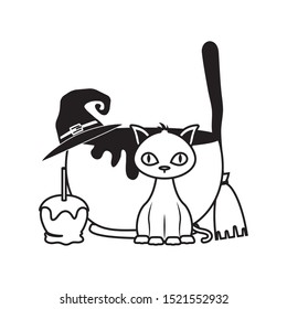 witch cauldron with broom and cat vector illustration design