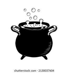 Witch cauldron with bubbling brew. Sketch of witchcraft potion. Halloween symbol. Isolated vector illustration