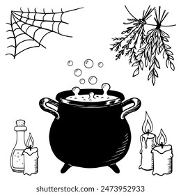 Witch cauldron with bubbling brew. Sketch of witchcraft potion. Halloween symbol. Isolated vector illustration