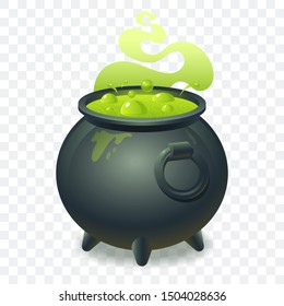 Witch cauldron with bubbling green liquid isolated on transparent background. Magic potion. Symbol of witchcraft. Dark boiling cauldron. Traditional halloween element. Vector illustration.
