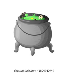 Witch cauldron with bubbling green liquid isolated on white background. Symbol of witchcraft. Dark boiling cauldron. Traditional halloween element. Vector illustration.