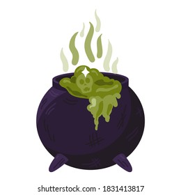 Witch cauldron with bubbling green liquid isolated. Magic potion, witchcraft symbol. Dark boiling pot. Traditional halloween element or icon. Vector illustration