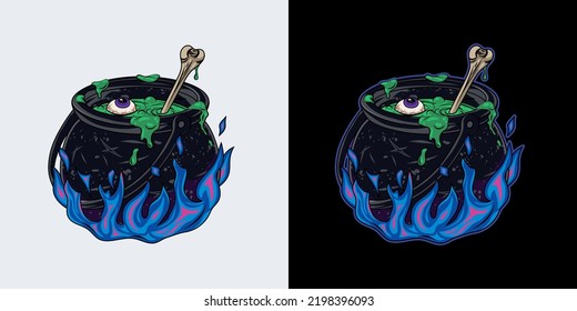 Witch cauldron with bubbling green liquid, brew with violet eye, bone. Magic potion, symbol of witchcraft. Cast iron boiling cauldron on blue magic fire. Traditional halloween element in vintage style