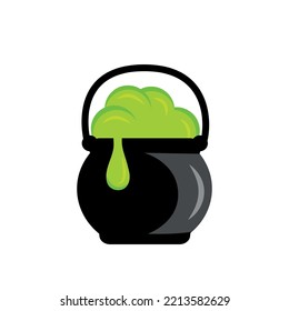 Witch cauldron with bubbling green liquid isolated on transparent background. Magic potion. Symbol of witchcraft. Dark boiling cauldron. Traditional halloween element. Vector illustration.