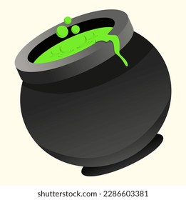 Witch cauldron with bubbling green liquid isolated on transparent background. Magic potion. Magic symbol. Dark cauldron boils. Traditional halloween elements. Vector illustration.