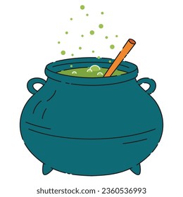 Witch cauldron with bubbling green liquid. Magic potion. Symbol of witchcraft. Traditional helloween element. Dark boiling cauldron.