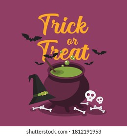 Witch cauldron with bubbling green potion. Halloween party greeting card. Vector illustration