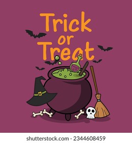 Witch cauldron with bubbling green potion doodles hand drawn. Halloween party greeting card. Vector illustration