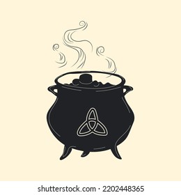 Witch cauldron with bubbling  liquid isolated background. Magic potion. Symbol of witchcraft. Dark boiling cauldron. Traditional halloween element. Vector illustration.