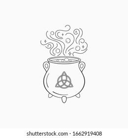 Witch cauldron with bubbling liquid. Magic symbol cauldron , monochrome vector illustration, isolated on white background