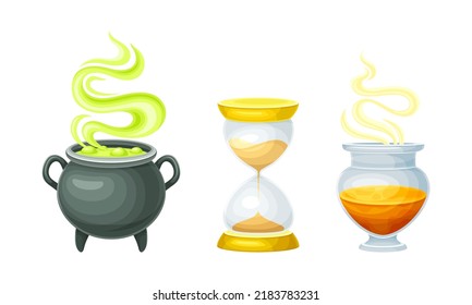 Witch cauldron with bubbling potion and hourglass. Witchcraft objects set cartoon vector illustration