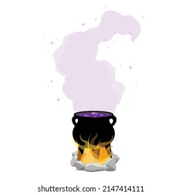 Witch cauldron with bubbling purple liquid isolated on white background. Magic potion. Symbol of witchcraft. Dark boiling cauldron. Halloween element. Vector 