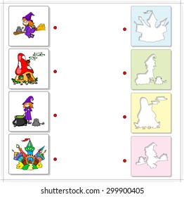 Witch with cauldron and cat, witch on a broomstick, fairy mushroom house and multicolored castle. Educational game for kids. Choose the correct silhouettes on the opposite side and connect the points