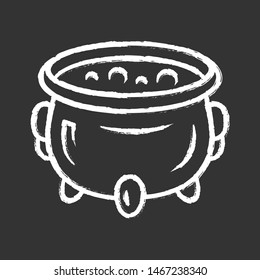 Witch cauldron chalk icon. Brew potion. Wicked witchcraft & sorcery. Witch soup. Iron pot, boiler with boiling magical poison, liquid. Halloween wizard item. Isolated vector chalkboard illustration
