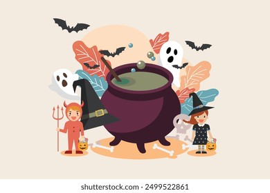 Witch cauldron with children in halloween costume. Halloween party greeting card. Vector illustration