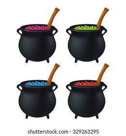 Witch cauldron with colorful potion, bubbling witches brew. Realistic Vector illustration isolated on white background.