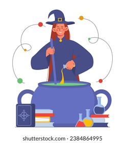 Witch with cauldron concept. Woman in hat with broom and pot. Potions and alchemy, chemistry. Witchcraft and wizardry. Cartoon flat vector illustration isolated on white background