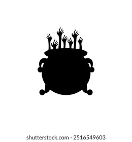 Witch cauldron with creepy hands silhouette. Vector icon design.