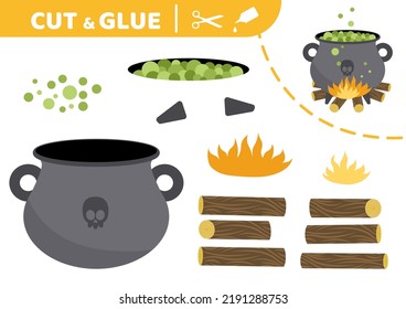 Witch cauldron. Cut and glue. Halloween.  Application work. Paper education game. Flat, cartoon. Isolated vector illustration eps 10