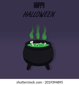 a witch cauldron with an eye, bone, bubbles. Vector illustration