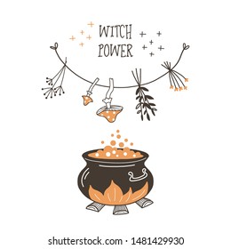 Witch cauldron flat vector illustration. Boiling potion in pot on wood fire isolated design element. Halloween magical liquid. Wizardry herbs and mushrooms hanging on rope. Magic power