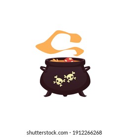 A witch cauldron with fly agaric in hot poison potion, yellow steam and image of human skulls. Magical iron pot with magic brew. Flat cartoon isolated vector illustration