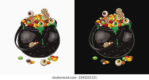 Witch cauldron full of traditional halloween candy, eyeballs. Eyeballs with drops of green goo, slime, eye on stick like lollipop. Cast iron pot. Traditional halloween design element in vintage style.