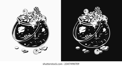 Witch cauldron full of traditional halloween candy, eyeballs. Eyeballs with drops of goo, slime, eye on stick like lollipop. Traditional halloween design element in vintage style.