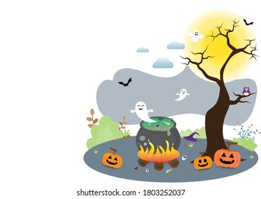 The witch cauldron with ghost and pumpkin on full moon on isolated white background concept, happy halloween background concept and empty space for display logo and content, design vector illustration