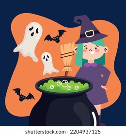 witch with cauldron and ghosts
