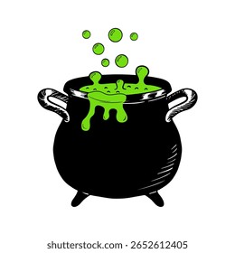 Witch cauldron with green bubbling brew. Sketch of witchcraft potion. Halloween symbol. Isolated vector illustration