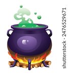Witch cauldron with green bubbling potion over a burning firewood. Vector cartoon illustration isolated on white background