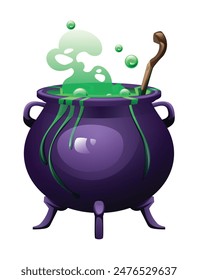 Witch cauldron with green bubbling potion and wooden stirrer. Vector cartoon illustration isolated on white background