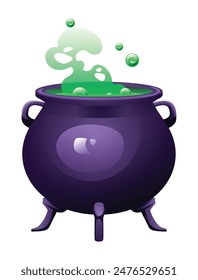 Witch cauldron with green bubbling potion. Vector cartoon illustration isolated on white background